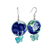Load image into Gallery viewer, Green/ blue floral mother of pearl and glass earrings - momola