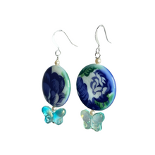 Load image into Gallery viewer, Green/ blue floral mother of pearl and glass earrings - momola