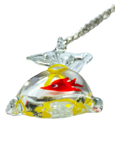 Gold fish in bag glass pendant on chain - momola