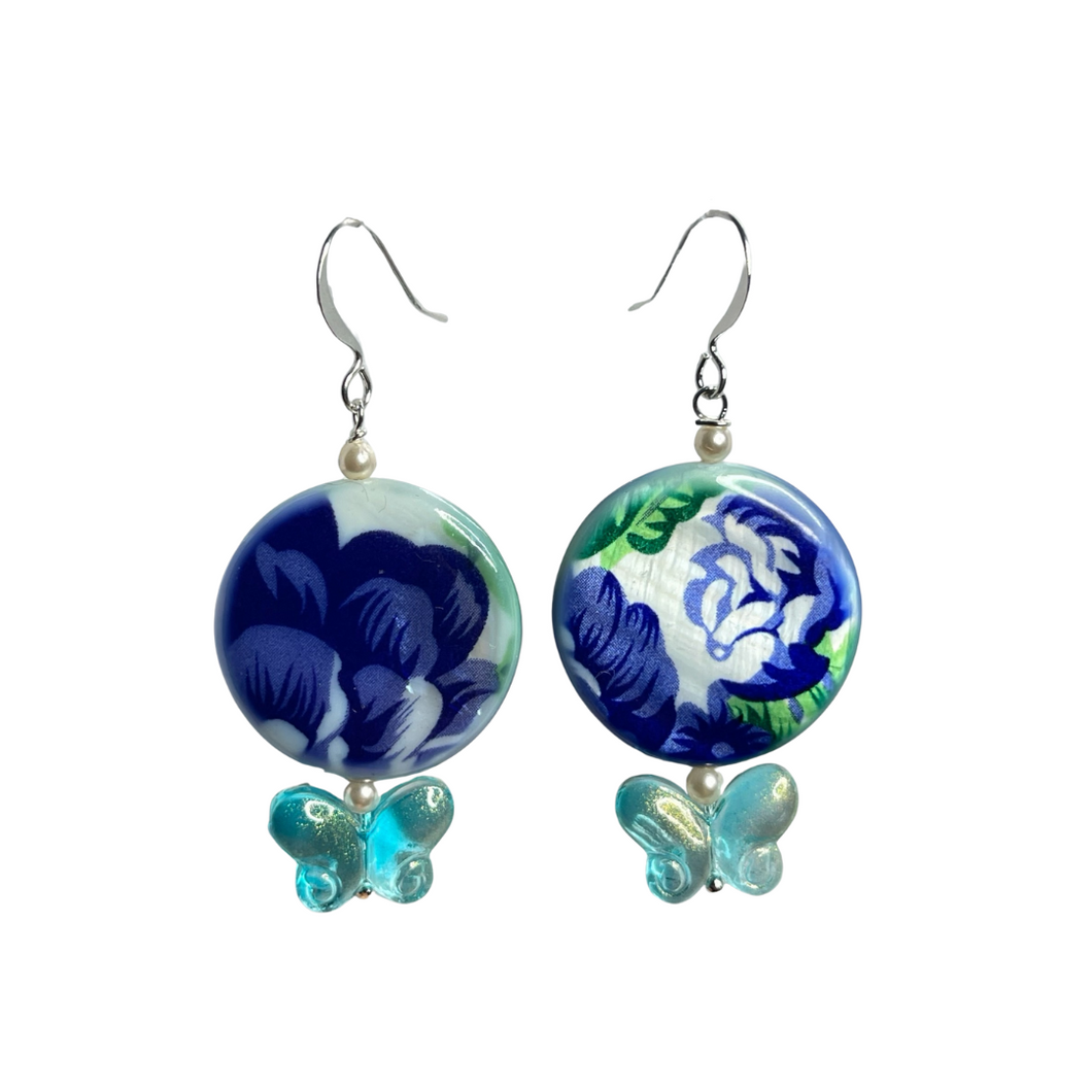 Green/ blue floral mother of pearl and glass earrings - momola