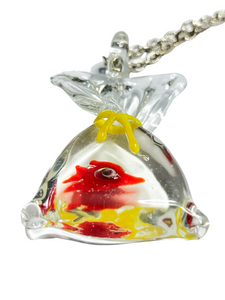 Gold fish in bag glass pendant on chain - momola