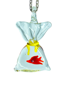 Gold fish in bag glass pendant on chain - momola