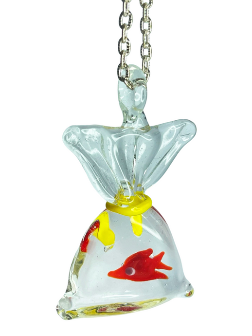 Gold fish in bag glass pendant on chain - momola