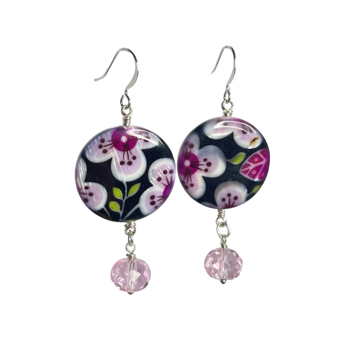 Pink/black floral mother of pearl and faceted glass earrings - momola