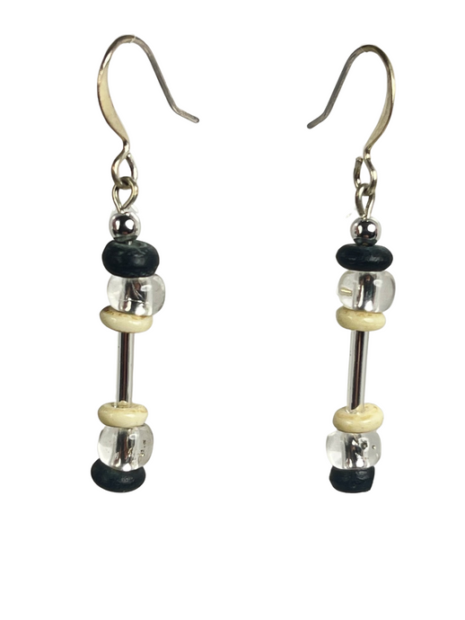 Silver tone glass & black/ off-white bone beads earrings - momola