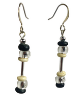 Load image into Gallery viewer, Silver tone glass &amp; black/ off-white bone beads earrings - momola