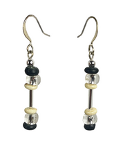 Load image into Gallery viewer, Silver tone glass &amp; black/ off-white bone beads earrings - momola