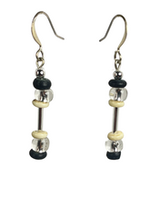 Load image into Gallery viewer, Silver tone glass &amp; black/ off-white bone beads earrings - momola