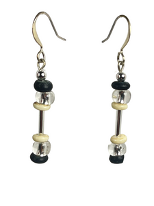 Silver tone glass & black/ off-white bone beads earrings - momola