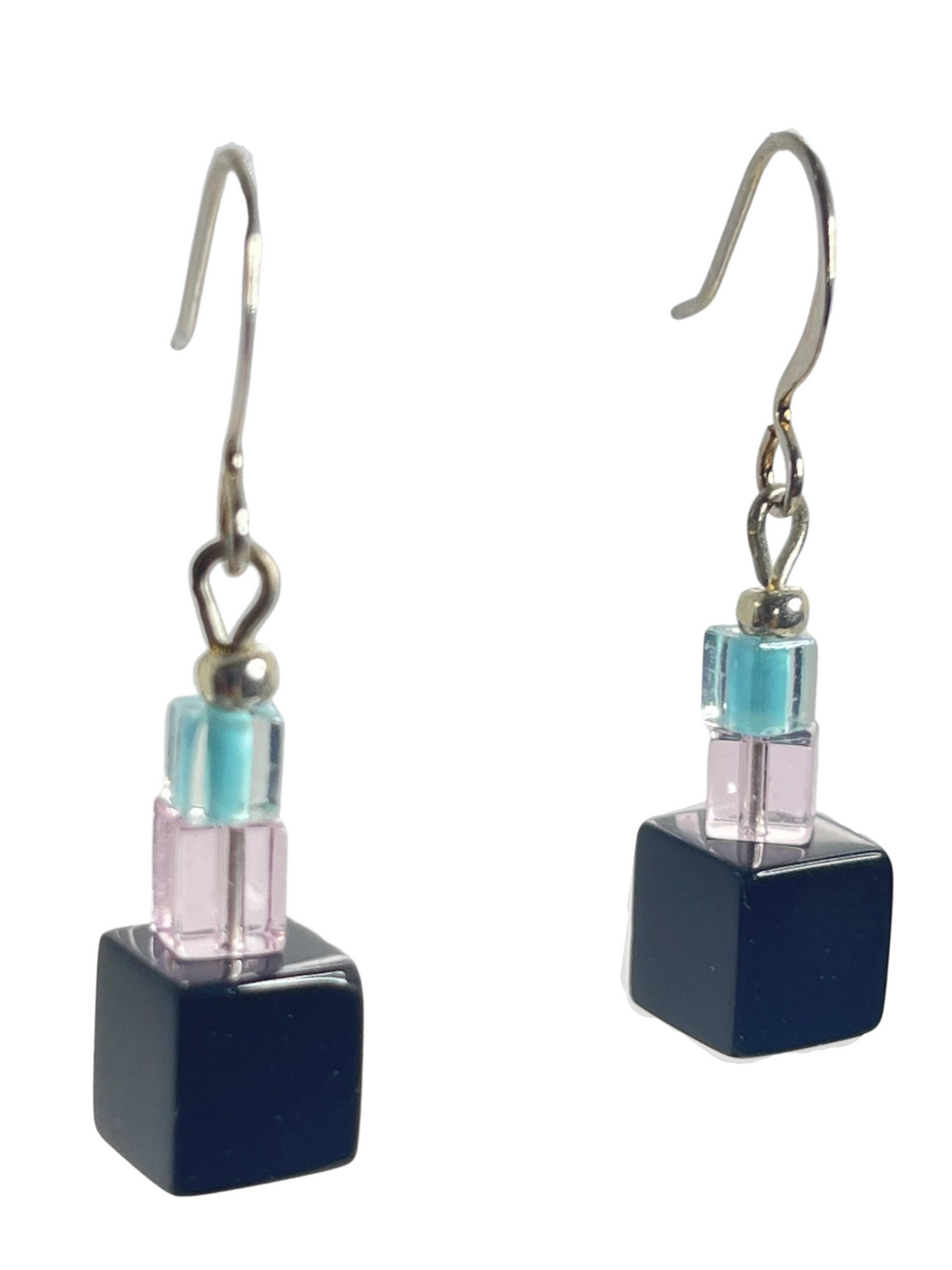 Black, pink, pale blue glass cube earrings - momola