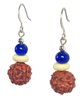 Load image into Gallery viewer, Rudraksh seed, off-white bone &amp; bright blue glass beads earrings - momola