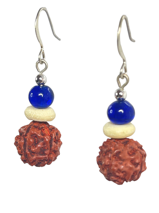 Rudraksh seed, off-white bone & bright blue glass beads earrings - momola