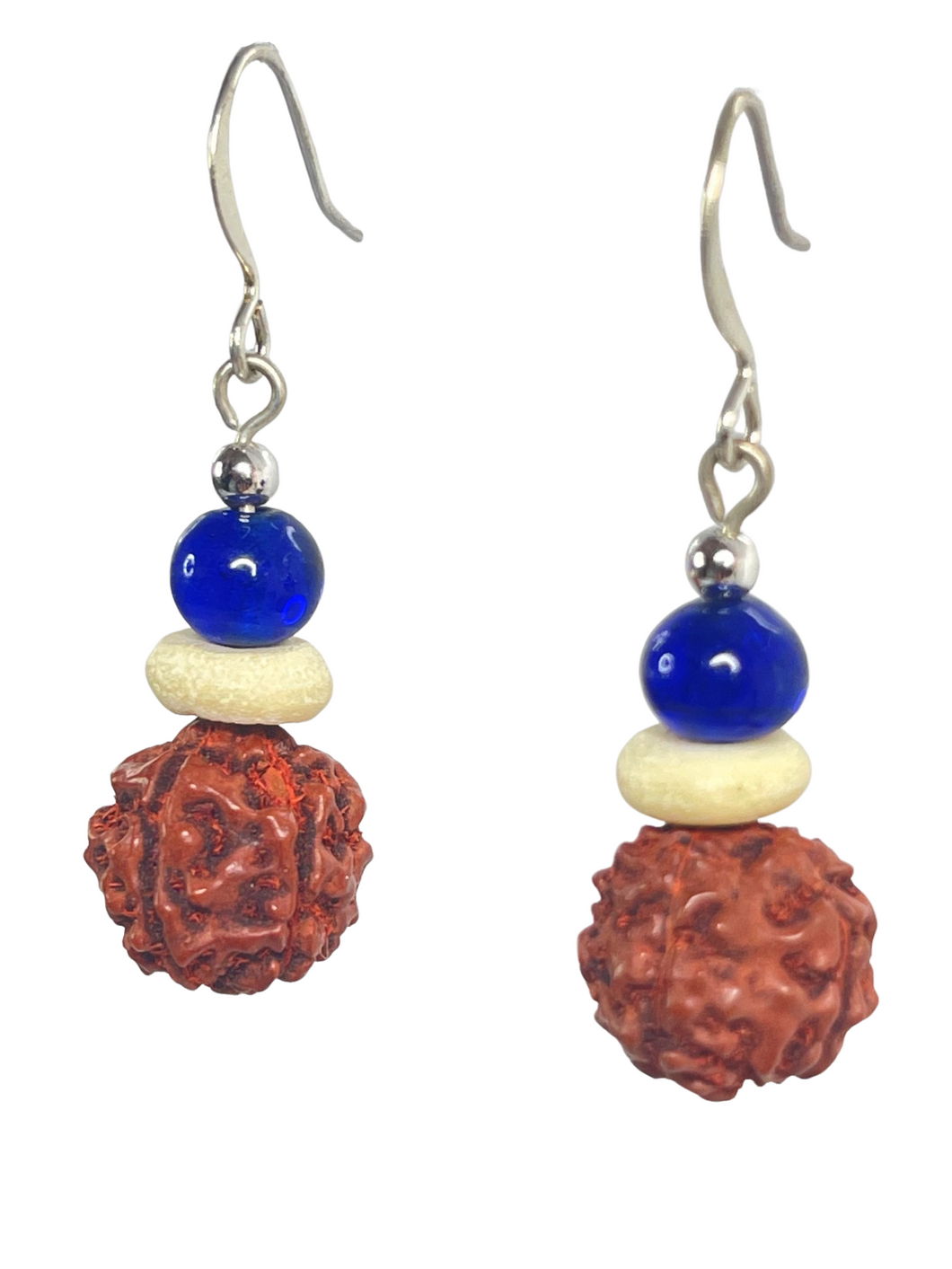 Rudraksh seed, off-white bone & bright blue glass beads earrings - momola