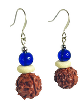 Load image into Gallery viewer, Rudraksh seed, off-white bone &amp; bright blue glass beads earrings - momola