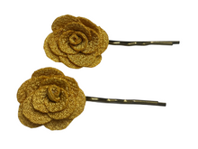 Load image into Gallery viewer, Fabric rose on bronze hair pins - momola