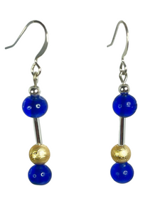 Bright blue glass & textured golden acrylic beads earrings - momola