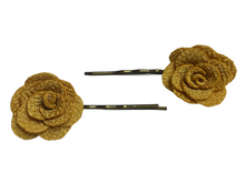 Load image into Gallery viewer, Fabric rose on bronze hair pins - momola