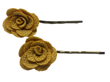 Load image into Gallery viewer, Fabric rose on bronze hair pins - momola