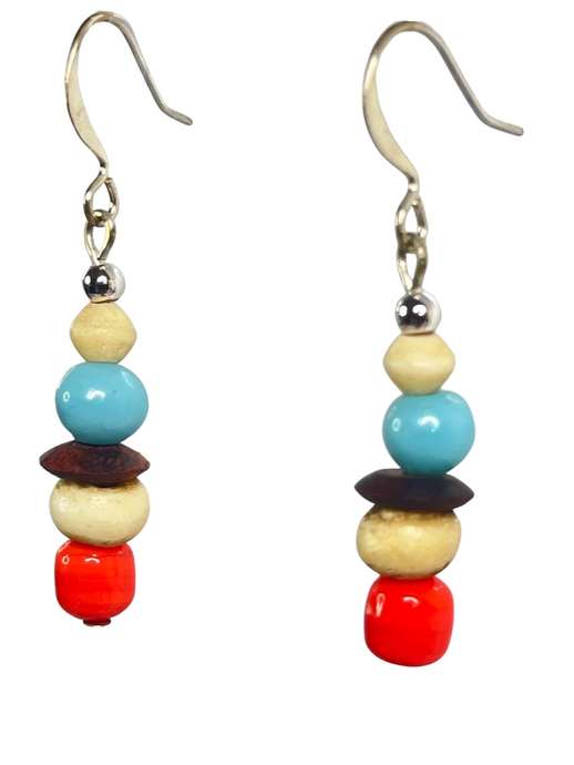 Pale blue & orange glass with off-white bone beads earrings - momola