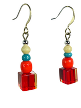 Load image into Gallery viewer, Red cube, orange &amp; blue glass with bone beads earrings - momola