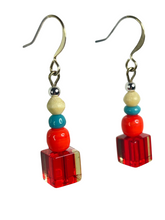 Load image into Gallery viewer, Red cube, orange &amp; blue glass with bone beads earrings - momola