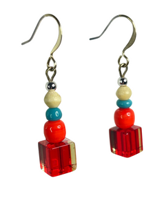 Red cube, orange & blue glass with bone beads earrings - momola