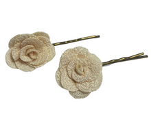 Load image into Gallery viewer, Fabric rose on bronze hair pins - momola