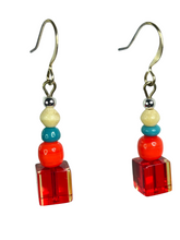 Load image into Gallery viewer, Red cube, orange &amp; blue glass with bone beads earrings - momola