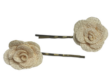 Load image into Gallery viewer, Fabric rose on bronze hair pins - momola