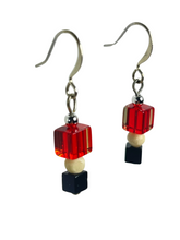 Load image into Gallery viewer, Red &amp; black glass cube with bone beads earrings - momola