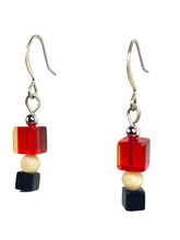 Load image into Gallery viewer, Red &amp; black glass cube with bone beads earrings - momola