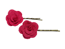 Load image into Gallery viewer, Fabric rose on bronze hair pins - momola