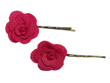 Load image into Gallery viewer, Fabric rose on bronze hair pins - momola