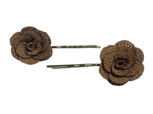 Load image into Gallery viewer, Fabric rose on bronze hair pins - momola