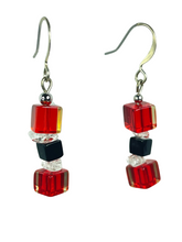 Load image into Gallery viewer, Red &amp; black glass cube with rock crystal beads earrings - momola