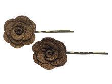 Load image into Gallery viewer, Fabric rose on bronze hair pins - momola