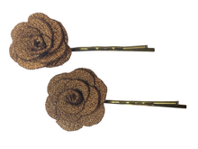 Load image into Gallery viewer, Fabric rose on bronze hair pins - momola