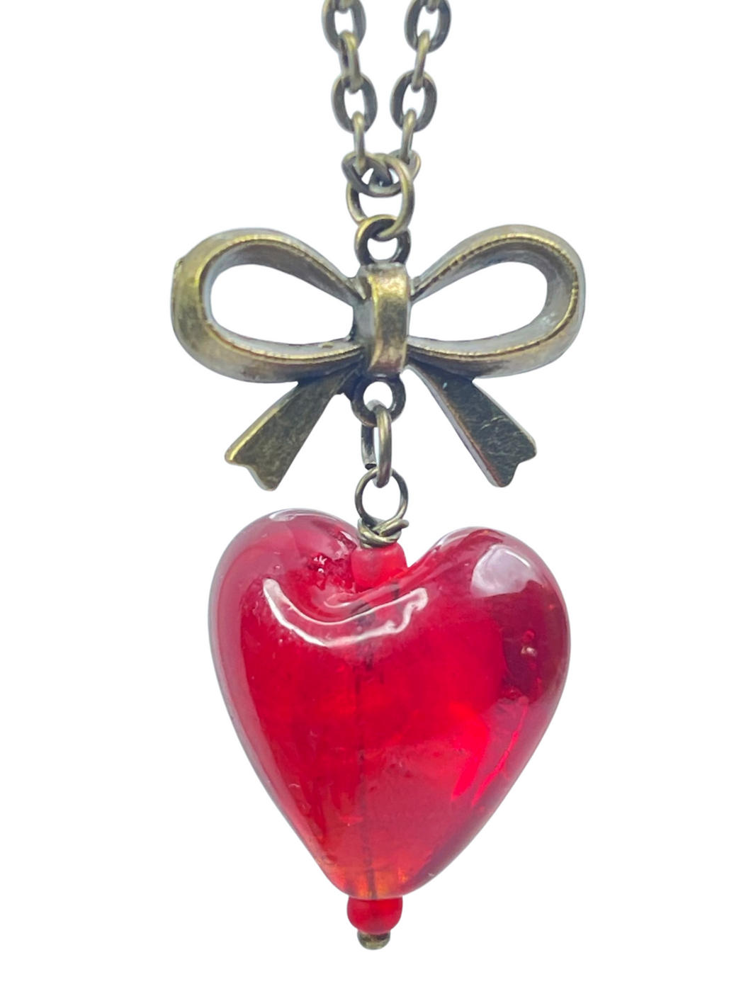 Bronze chain with red glass heart pendant - momola