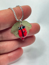 Load image into Gallery viewer, Ladybird on leaf pendant on silver plated chain - momola