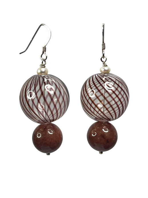 Hand blown glass, dyed agate and fresh water cultured pearls earrings - momola