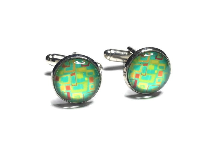 Clear sea green with yellow & orange cufflinks - momola