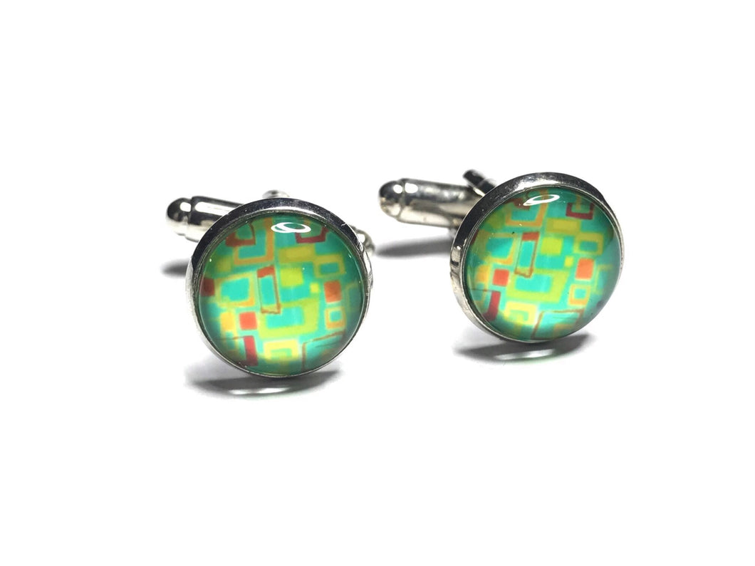 Clear sea green with yellow & orange cufflinks - momola